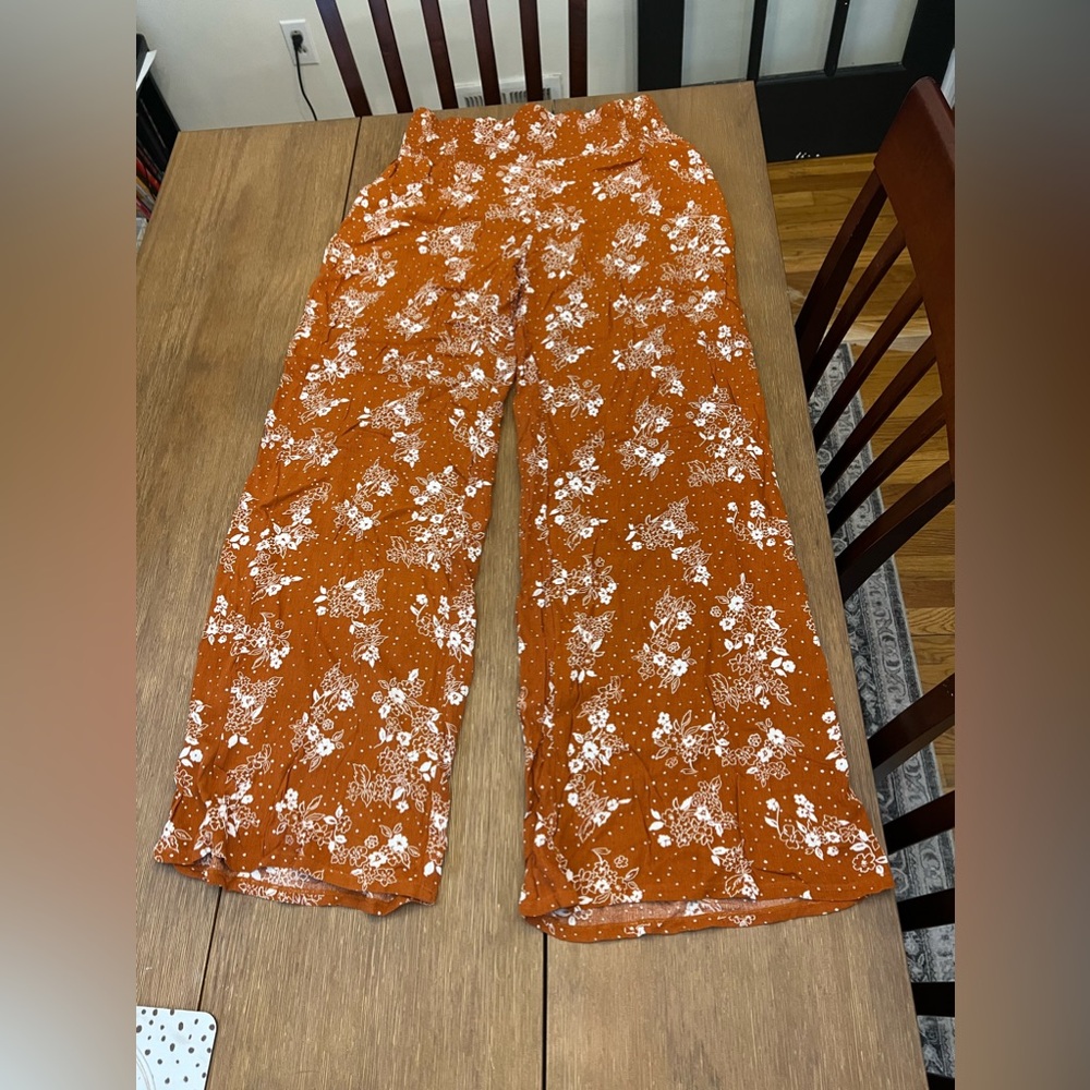 Three Dots Womens Sz Large Boho Style Casual Pants, Burnt Orange W/Flowers